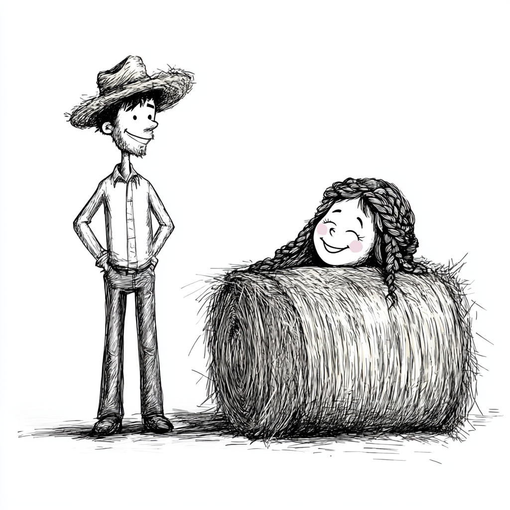 Amused man with woman head in hay drawing