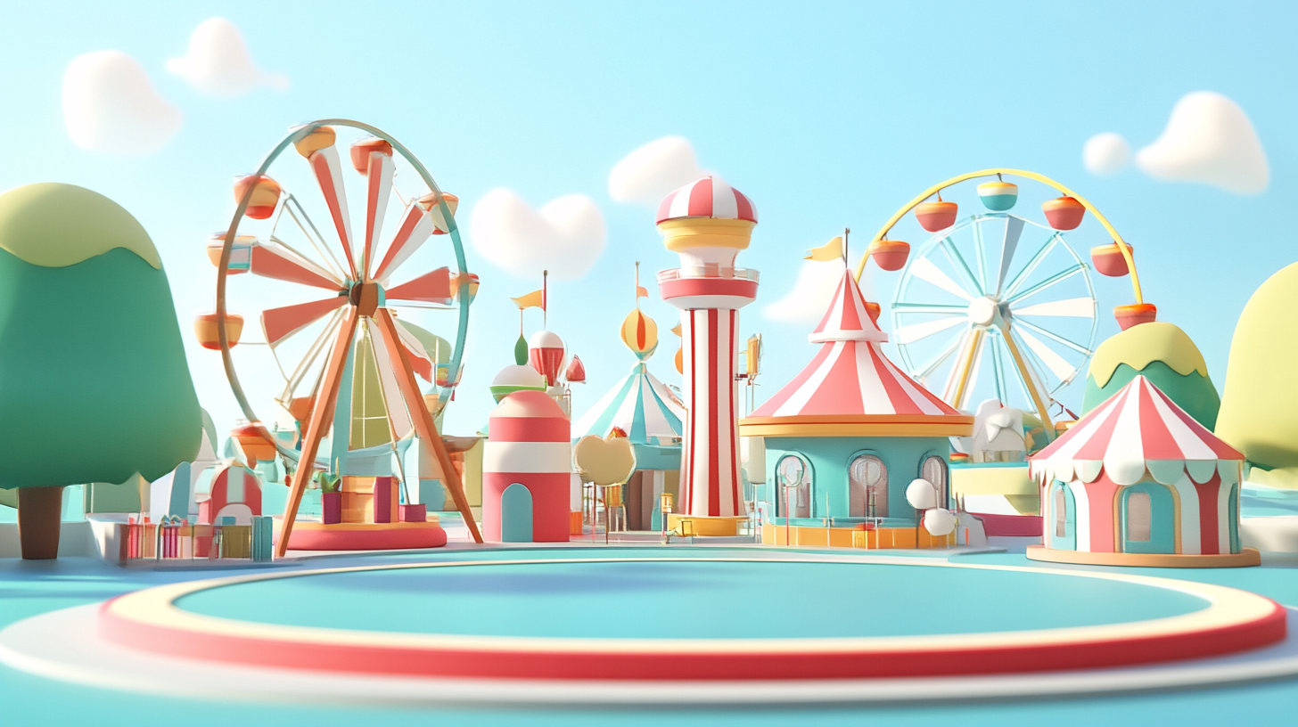 Amusement park with cute 3D cartoon style buildings.