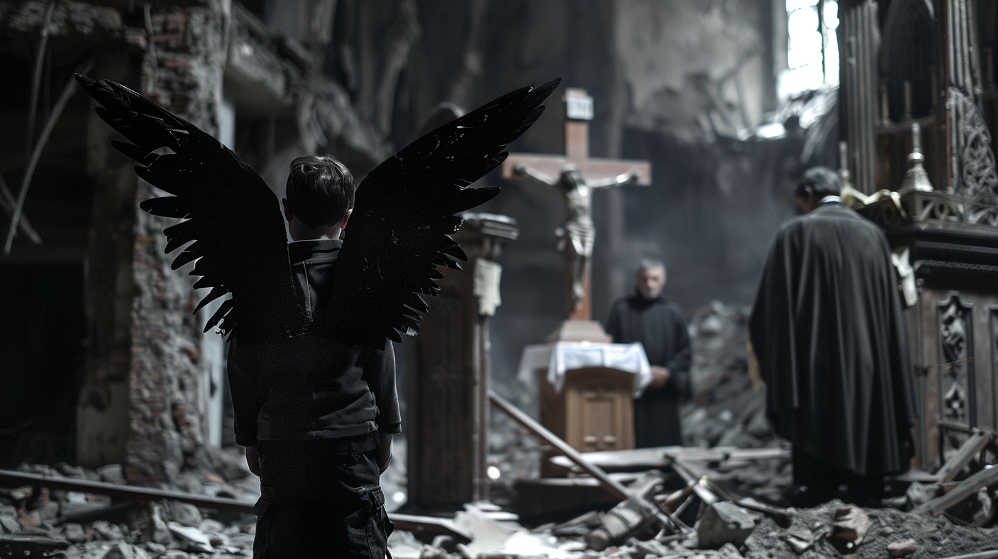 An 11-year-old boy with black wings, priest, destroyed church.