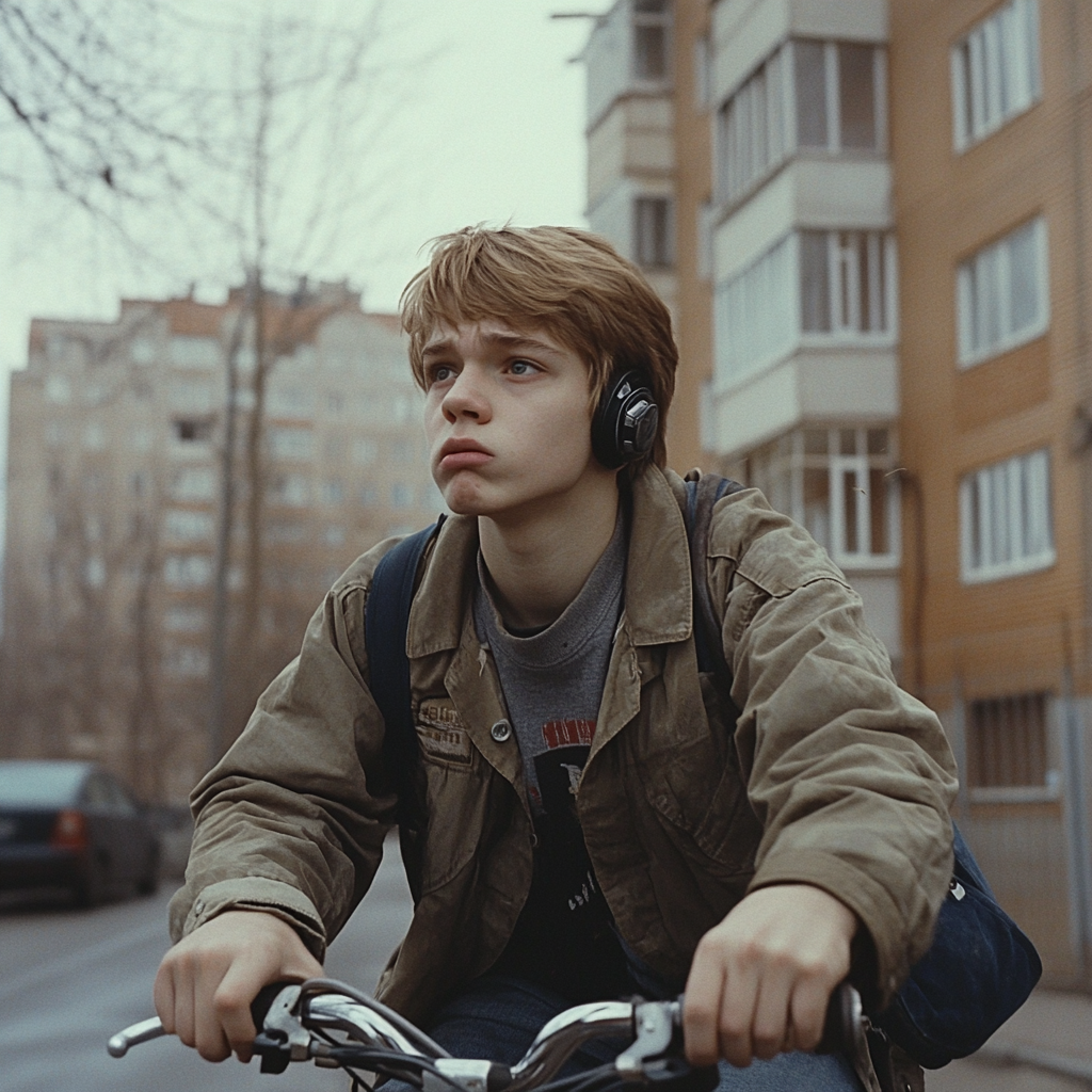 An 18-year-old boy riding a bike and crying