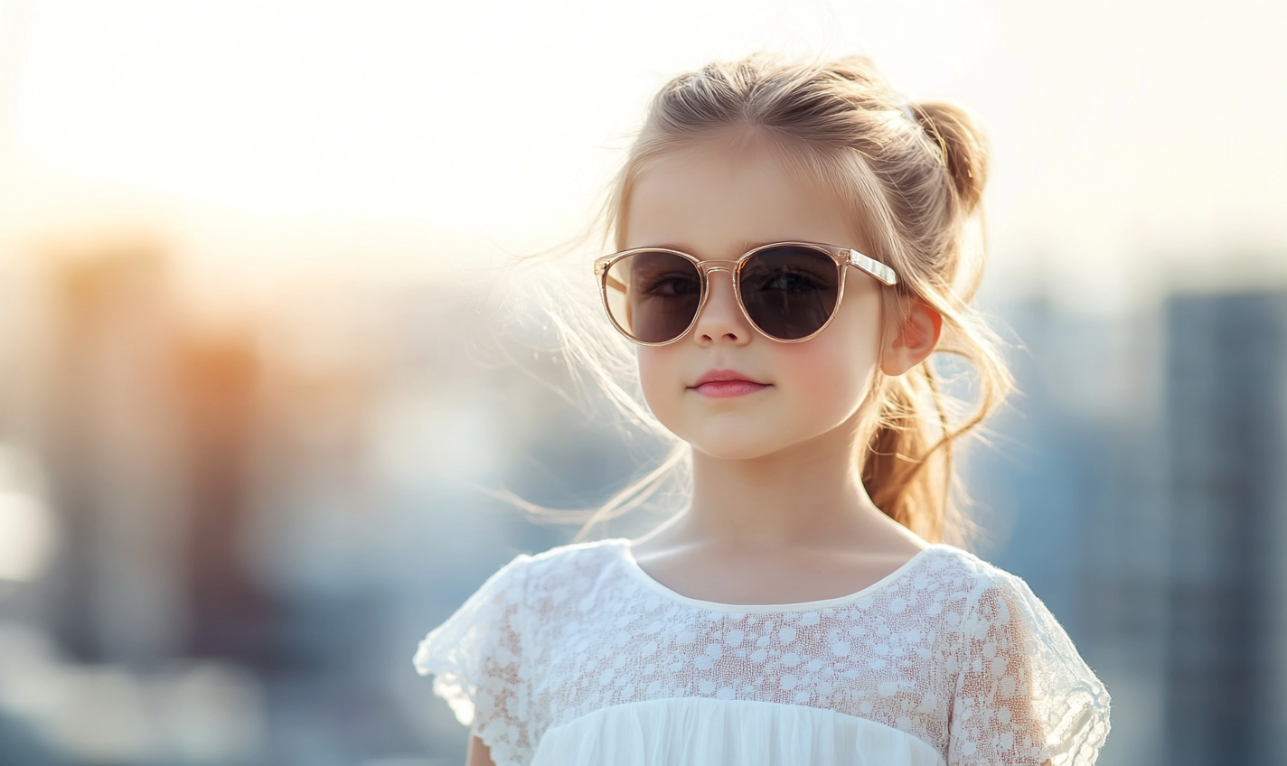 An 8-year-old girl in white dress and sunglasses, with blurred city background, in hyper-realistic photo with natural light.