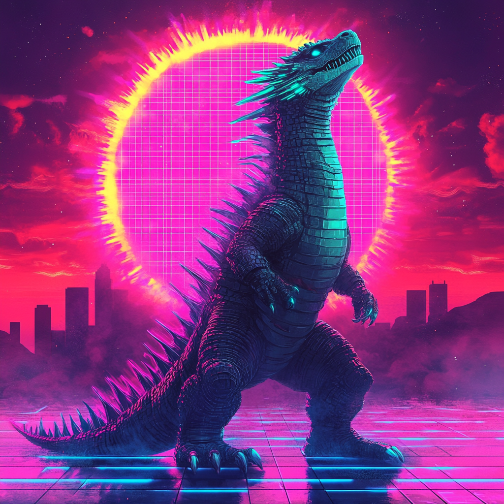 An 80s style dragon in neon colors