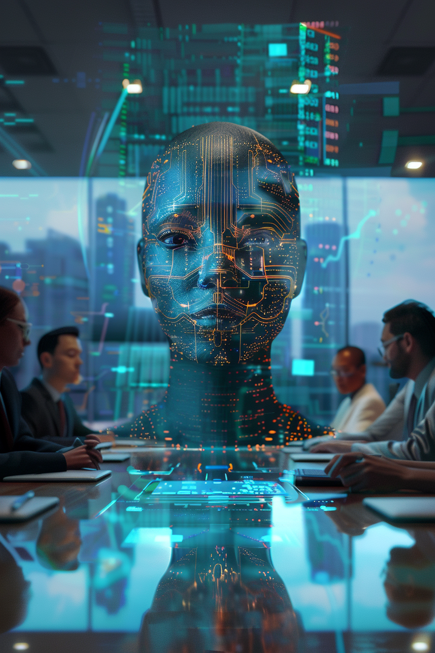 An AI Manager Leads a Futuristic Board Meeting