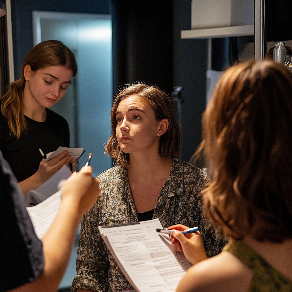 An Actress Getting Makeup Done by Staff, Neutral Expression