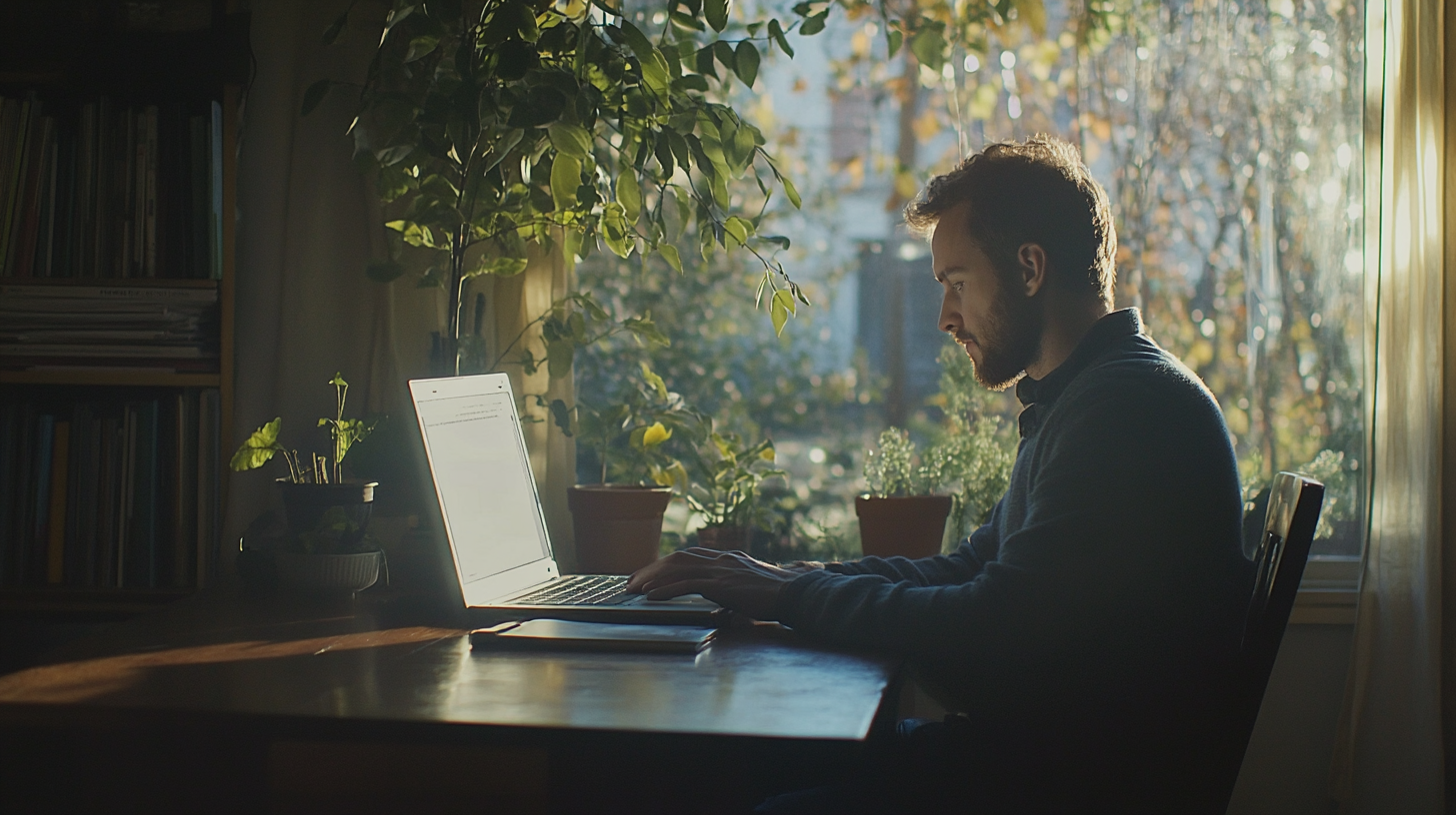 An Adult Man Using Computer at Home Afternoon