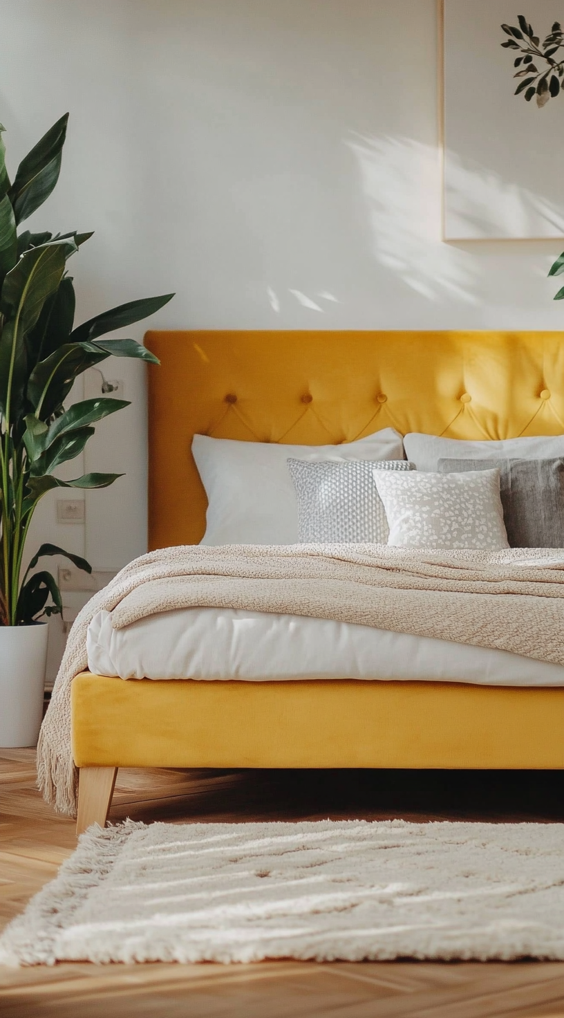 An Aesthetic Bedroom with Yellow Bed and Plant