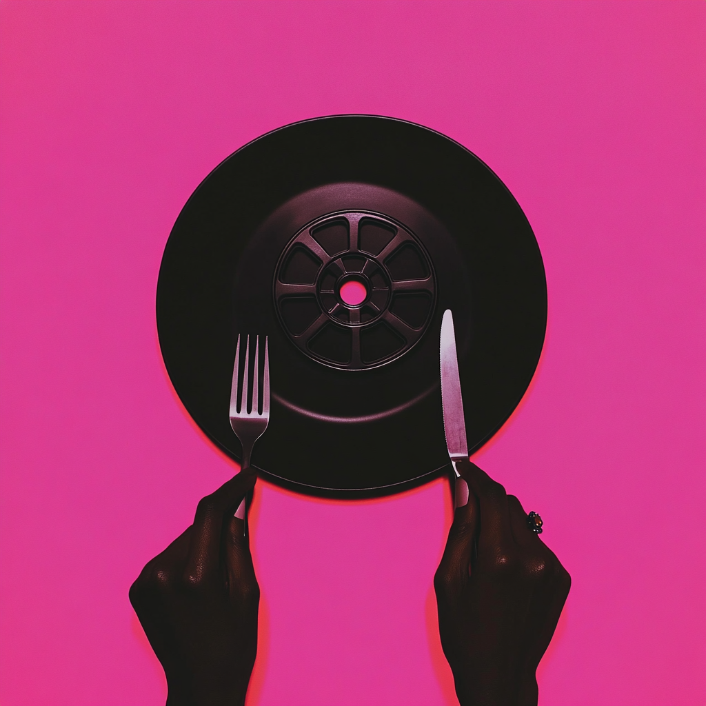 An African Woman with Movie Reel Plate, Fork & Knife