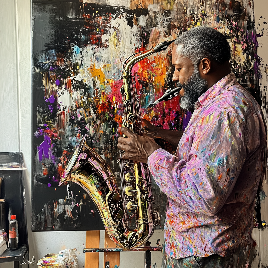 An African man playing saxophone in abstract art.