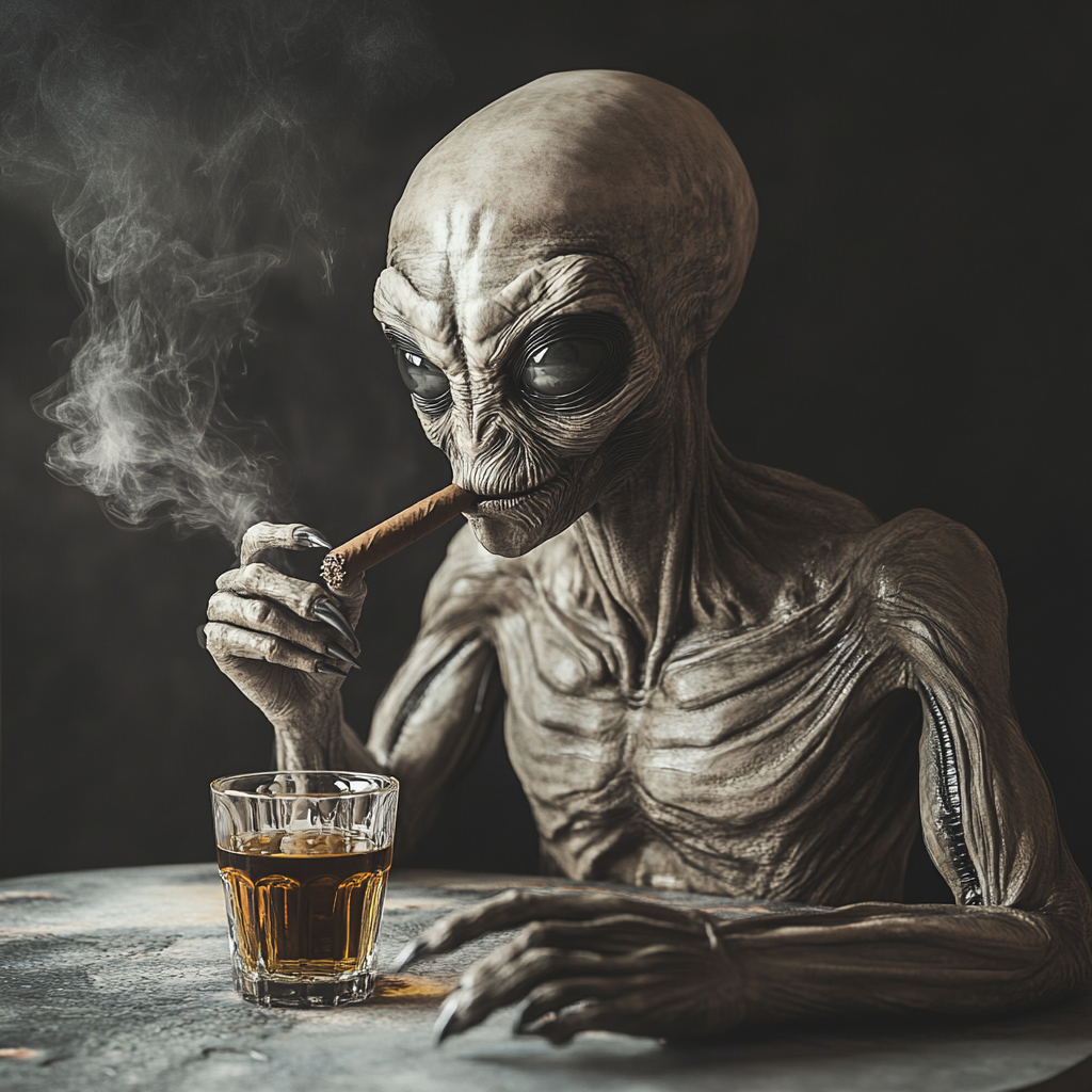 An Alien smoking, drinking whiskey in space