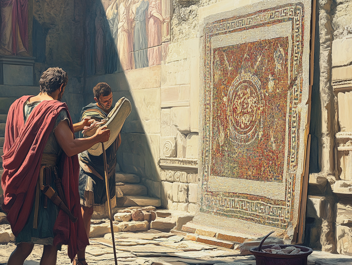 An Ancient Roman Artist creating mosaic with observer.