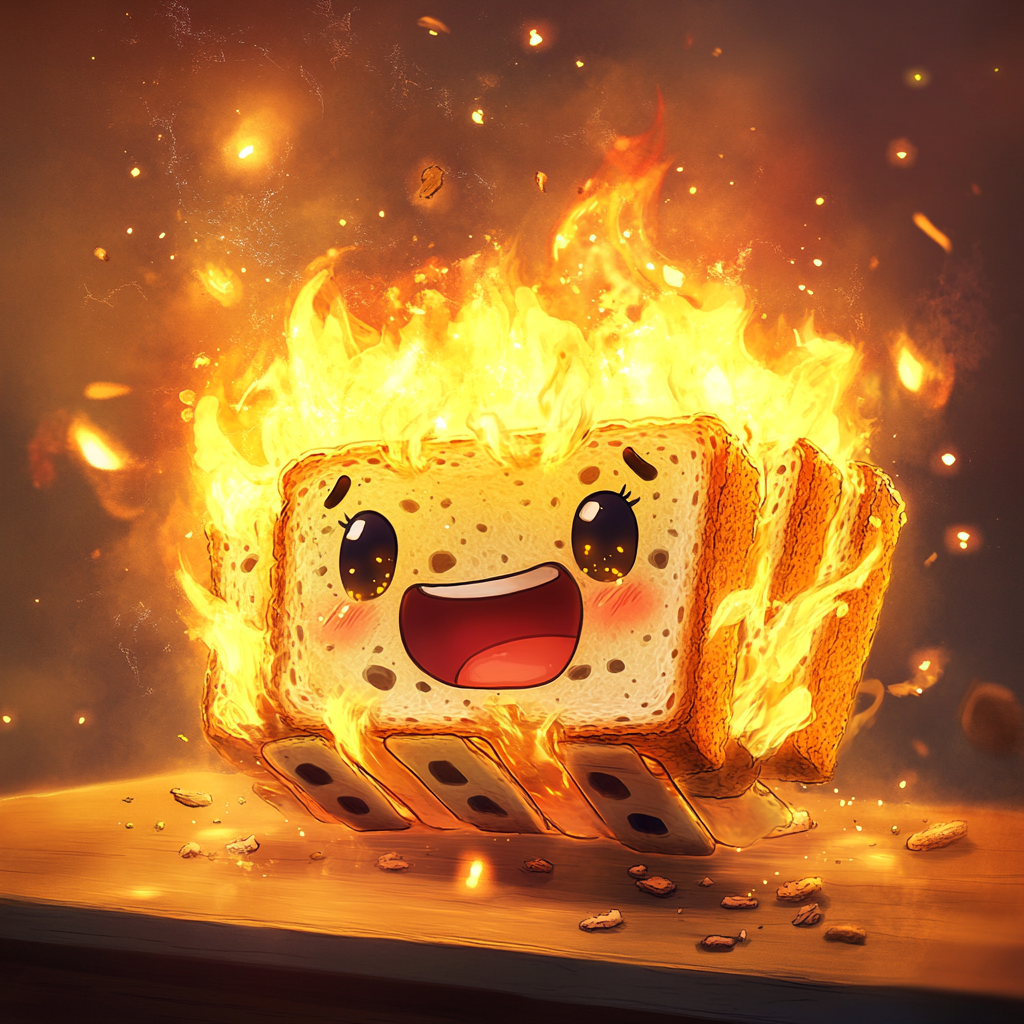 An Anime Toaster in Cute Distress from Fire