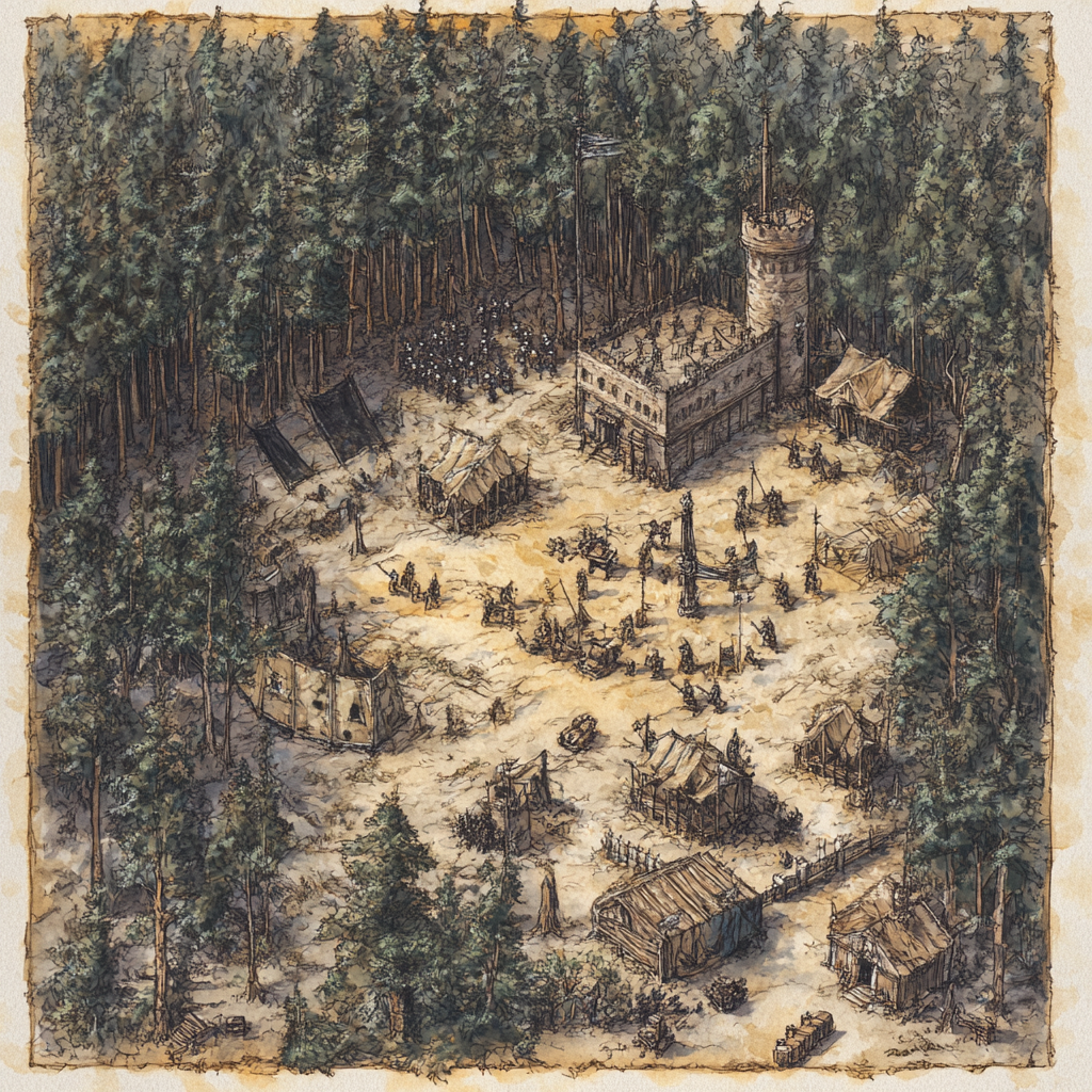 An Army Camp Battle Map with Weapons in Forest