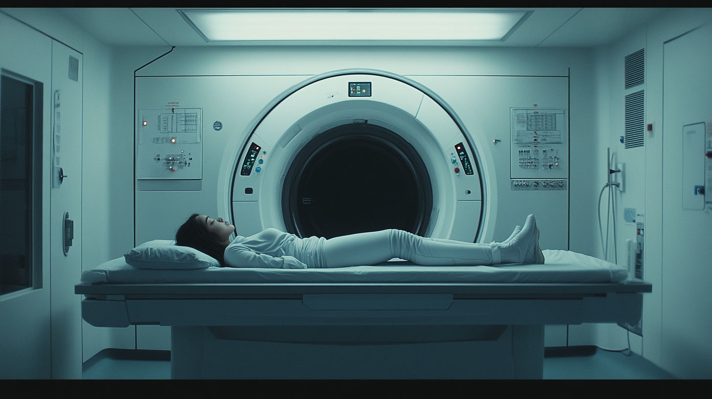 An Asian girl in MRI machine in lab.