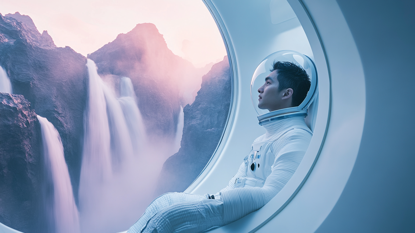 An Asian man in a white space suit viewing waterfalls in a starship.