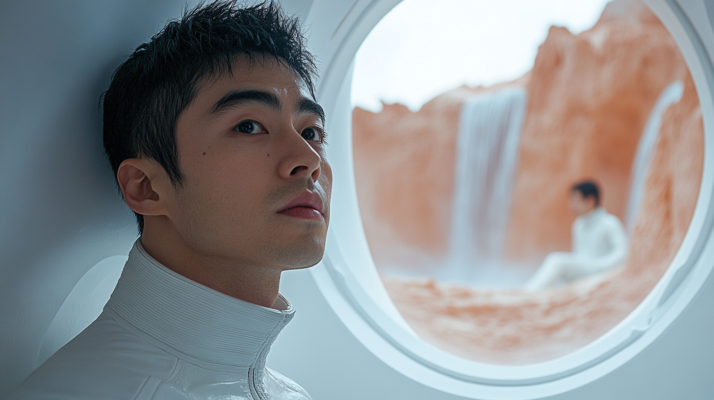 An Asian man in futuristic spaceship looking outside.