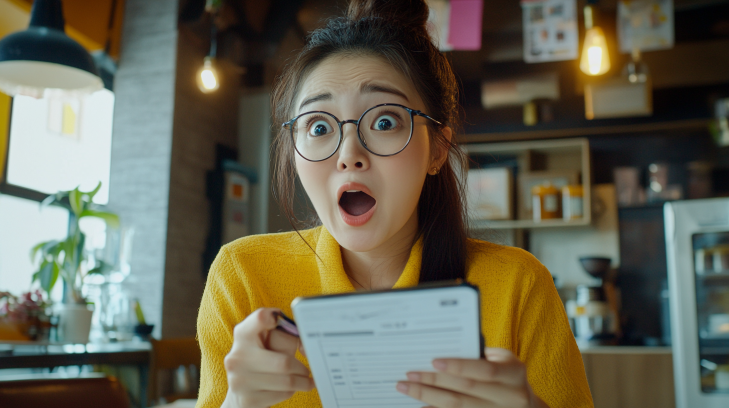 An Asian woman excitedly managing finances at cafe