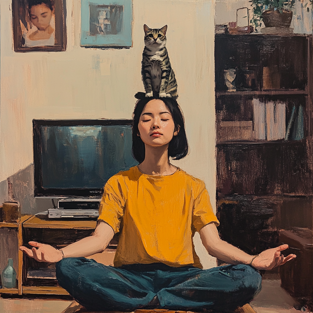 An Asian woman watching TV with cat on head