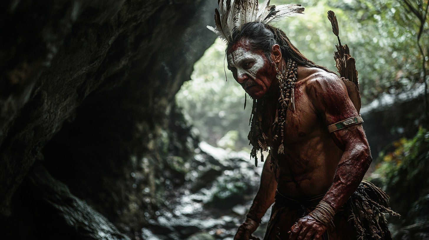 An Aztec leader hurt in forest cave entrance.