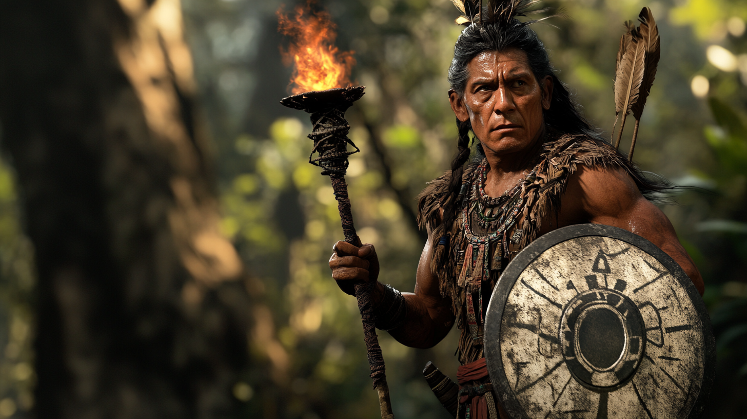 An Aztec leader nervously approaches forest cave entrance.