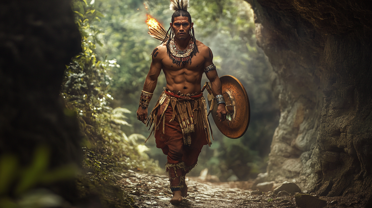 An Aztec leader with torch and shield in cave.