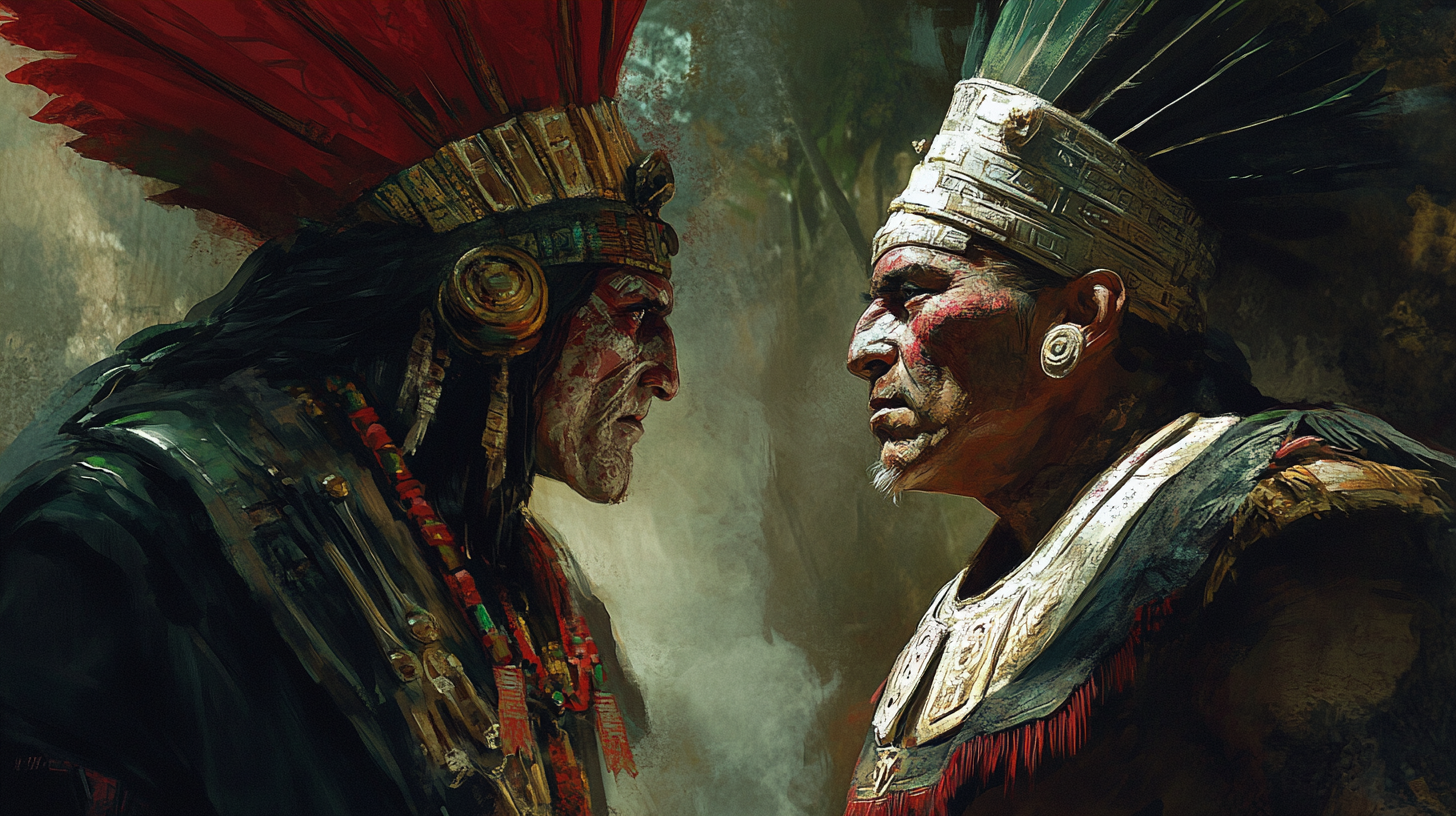 An Aztec priest stares severely at Moctezuma II.