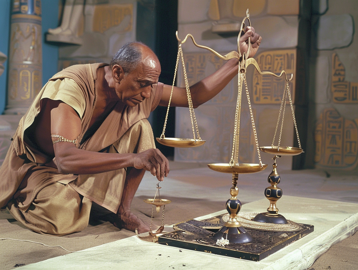 An Egyptian priest adjusts ancient gold scales.