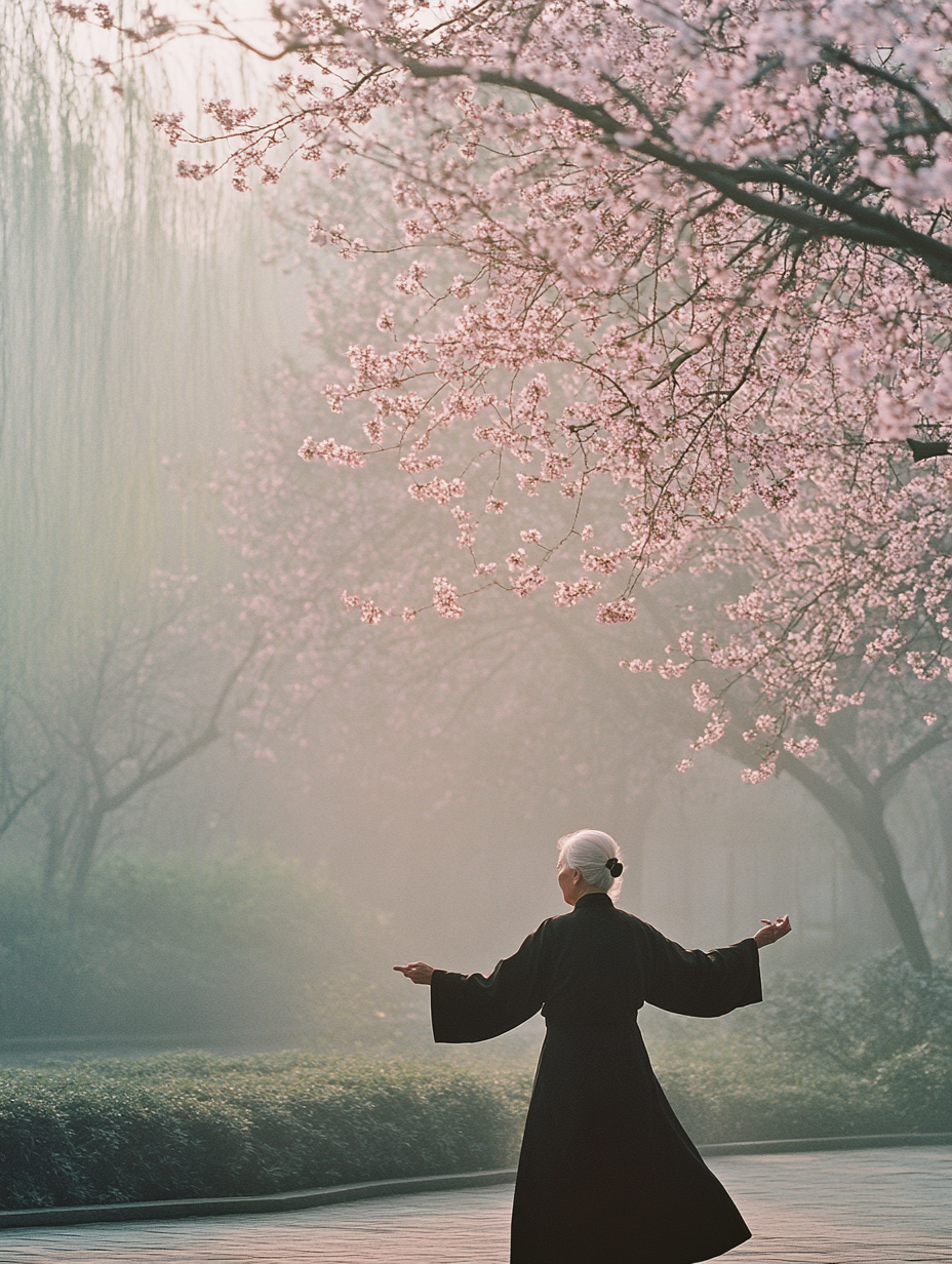 An Elderly Woman Practicing Tai Chi at Dawn