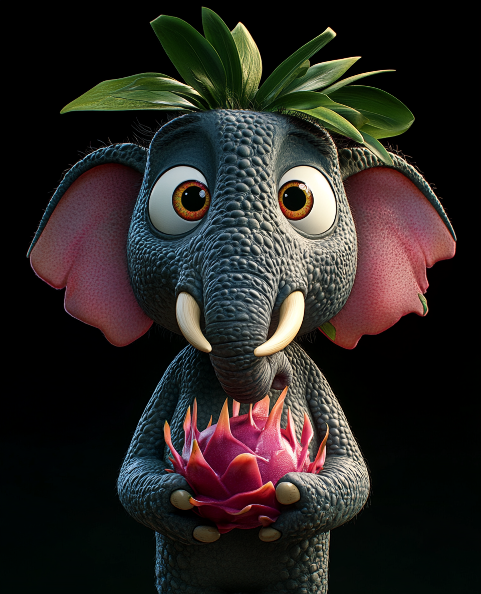 An Elephant holding dragon fruit on black background