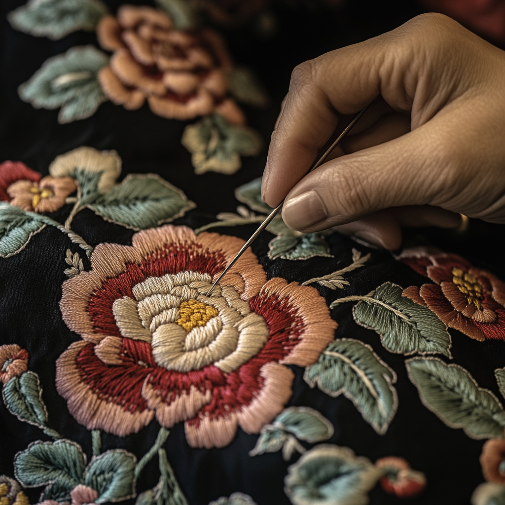 An Embroidery Craftsman Creating Beautiful Peony Patterns