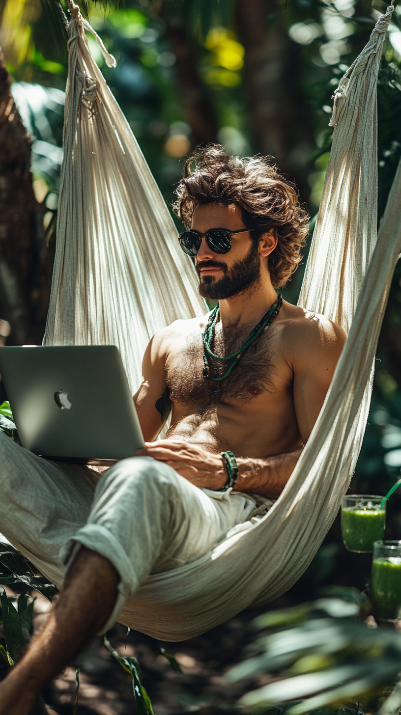 An Entrepreneur relaxing in a tropical garden with laptop