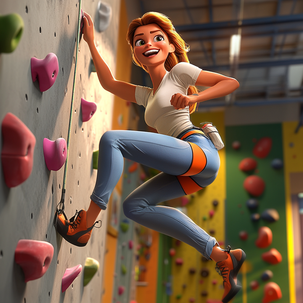 An Excited Woman Climbing a Gym Wall