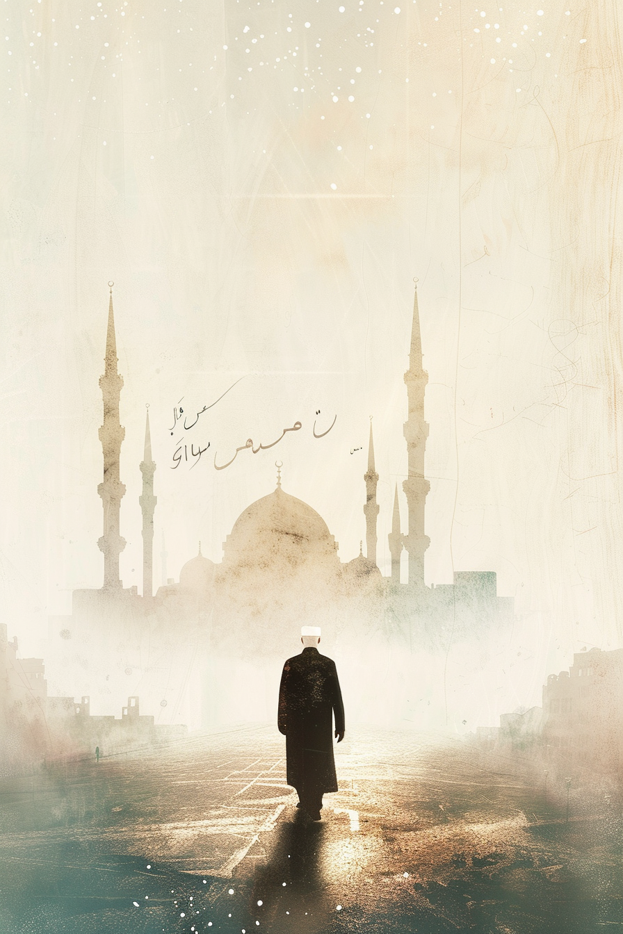 An Imam Walks Towards Glowing Mosque Silhouette