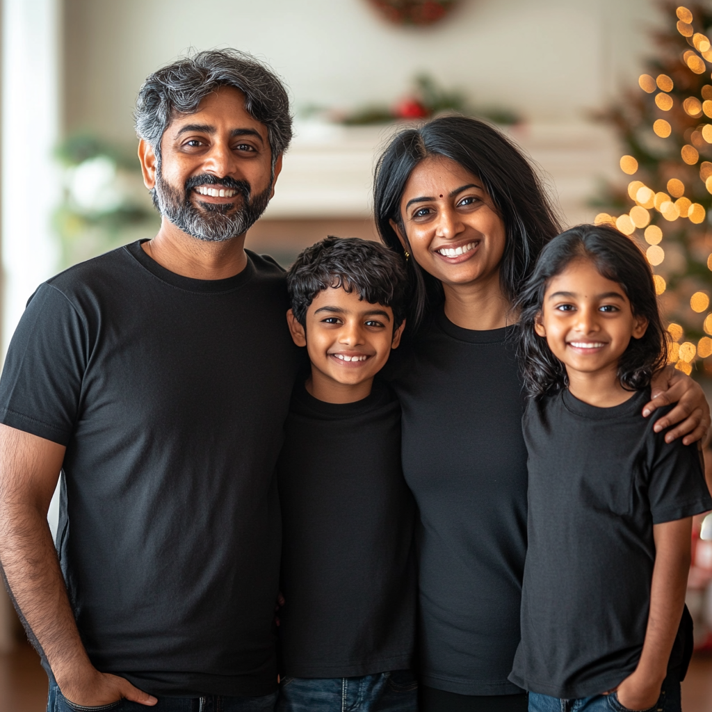 An Indian family posing together in Christmas scene.