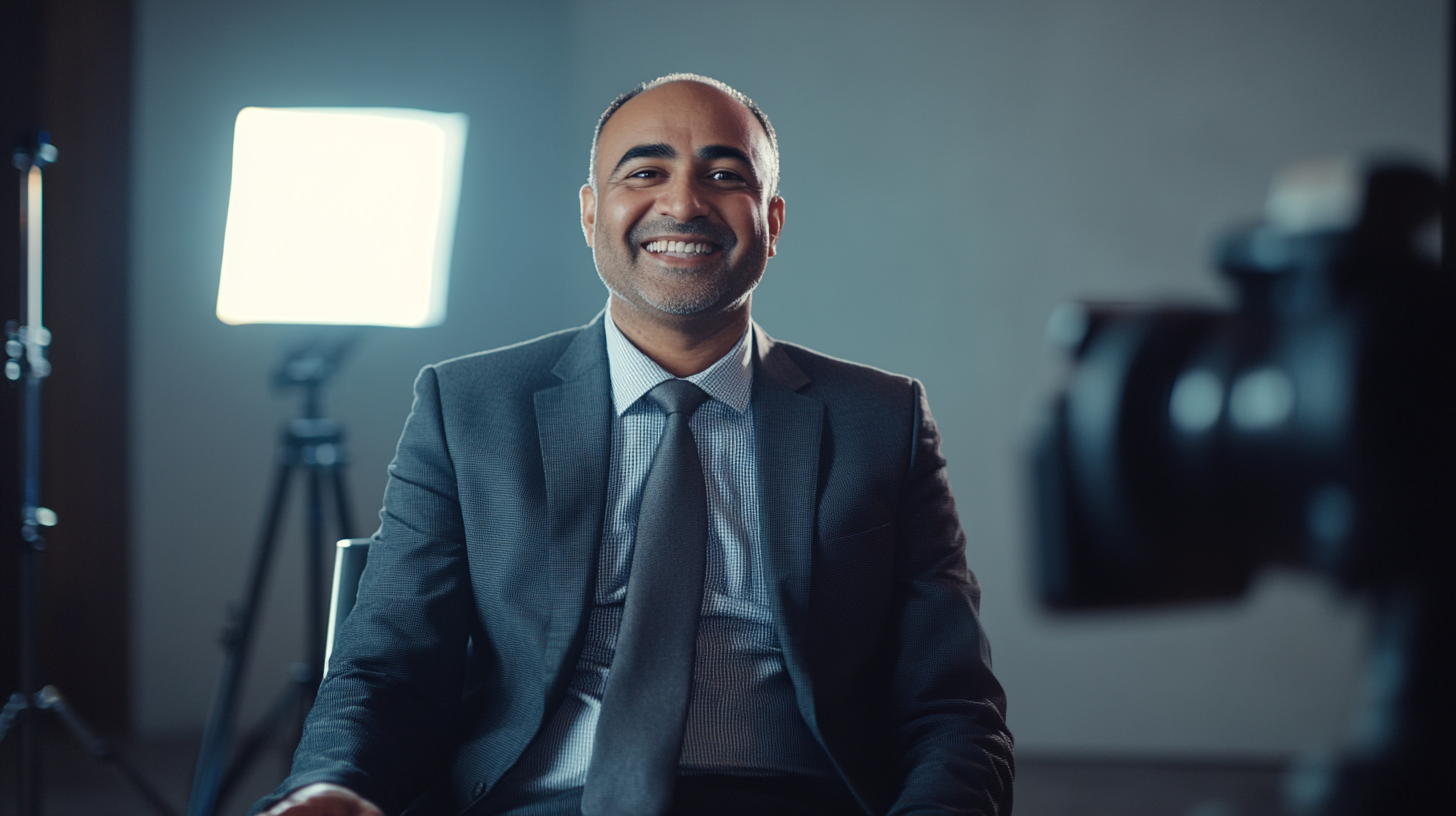 An Indian man smiles in an interview