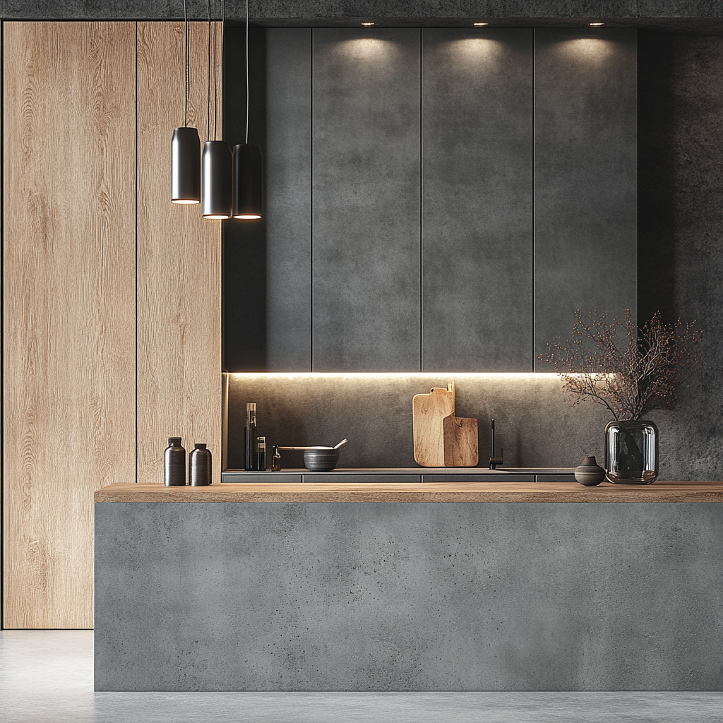 An Industrial Style Foyer with Concrete Kitchen