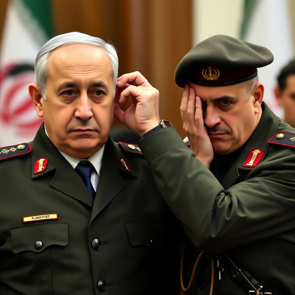 An Iranian Soldier Holds Netanyahu's Ear Firmly.