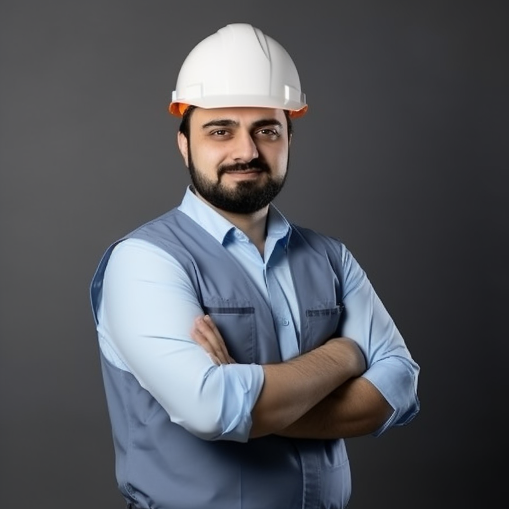 An Iranian construction engineer in uniform smiling.