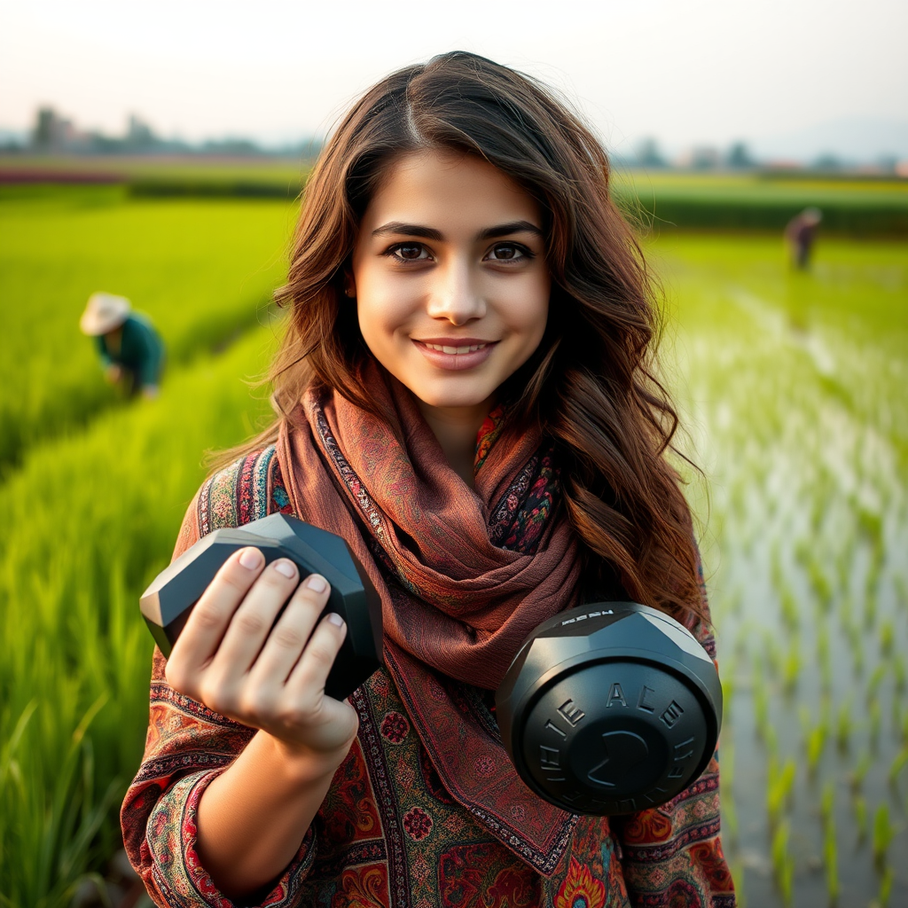 An Iranian girl with big muscles holds dumbbell.