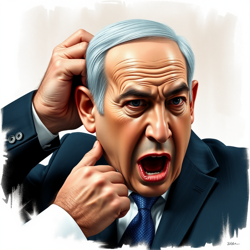 An Iranian person twisting Netanyahu's ear, causing shouting.