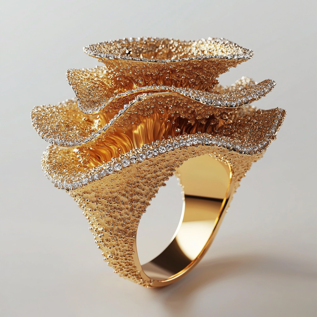 An Irregular Abstract Osmanthus-themed Gold Ring with Diamonds