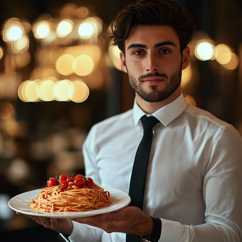 An Italian waiter serving tomato pasta in luxury.