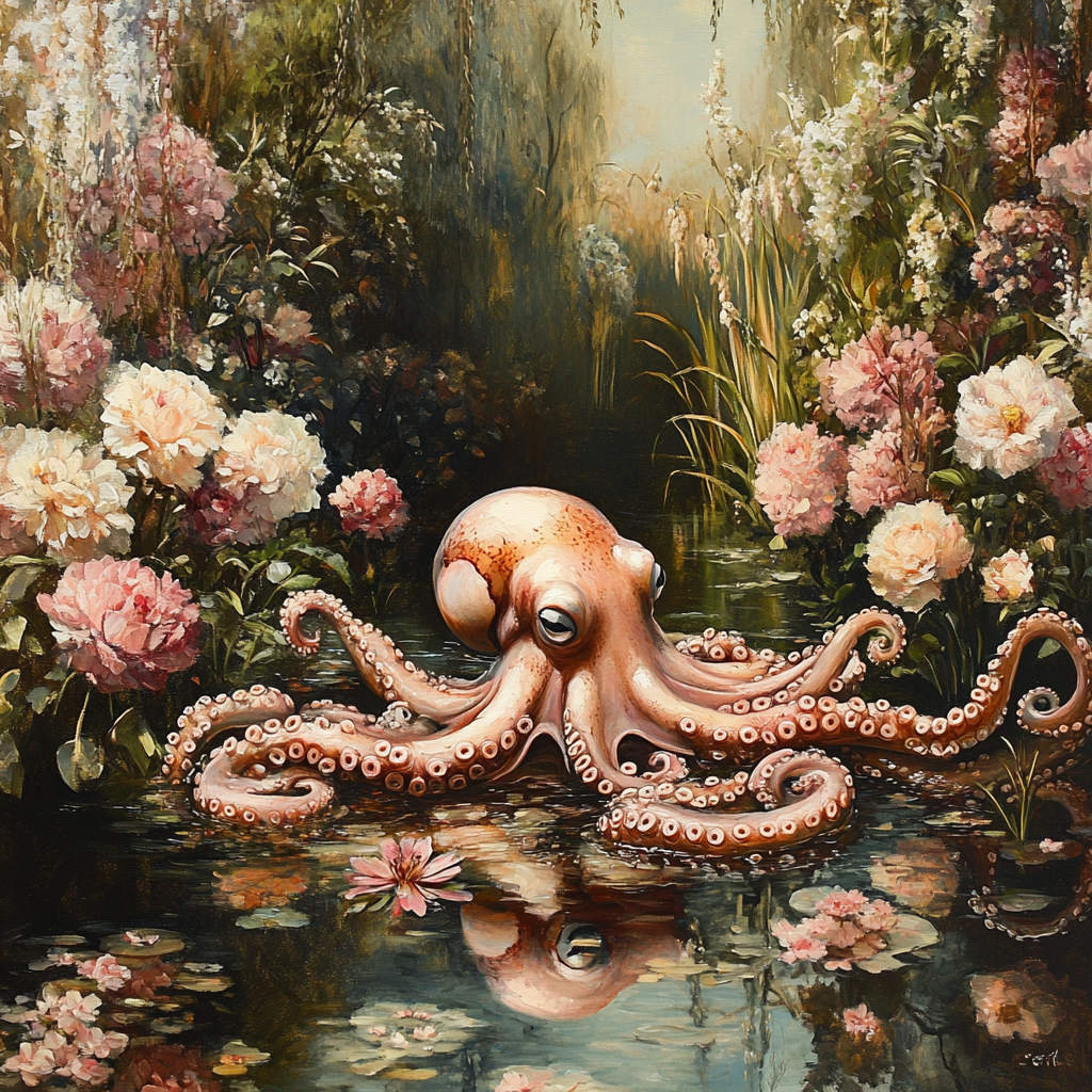 An Octopus in a Garden Pond Painting.