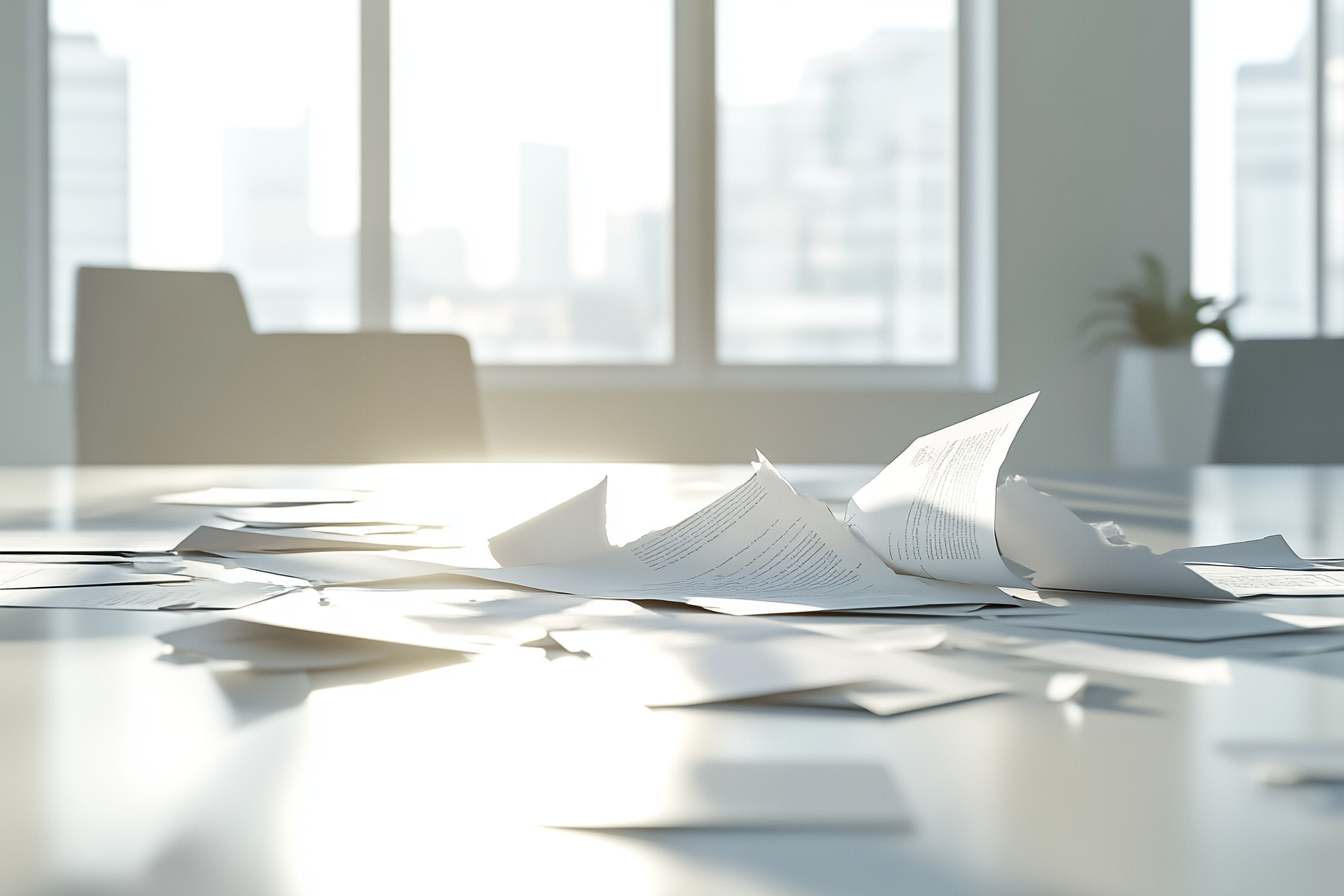 An Office Desk with Torn Documents