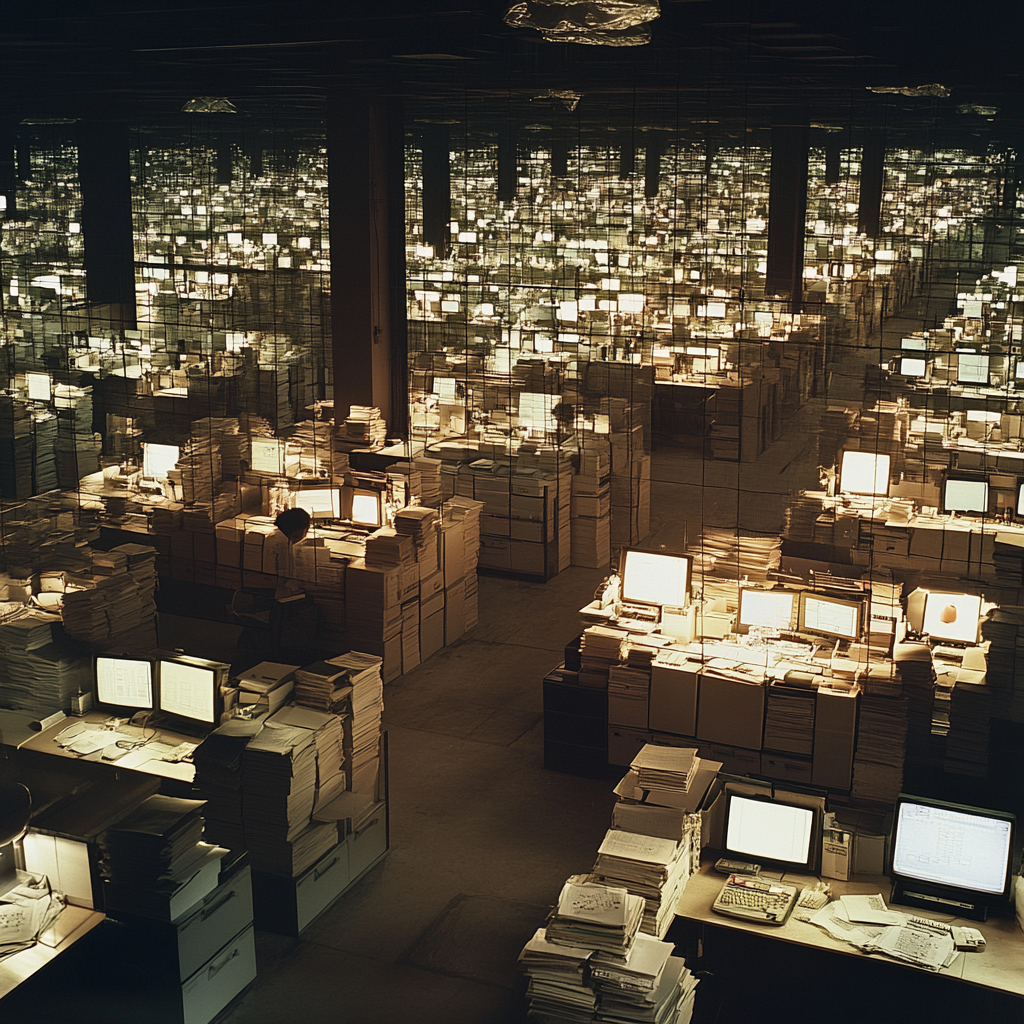 An Office with Endless Surveillance Feeds and Documents