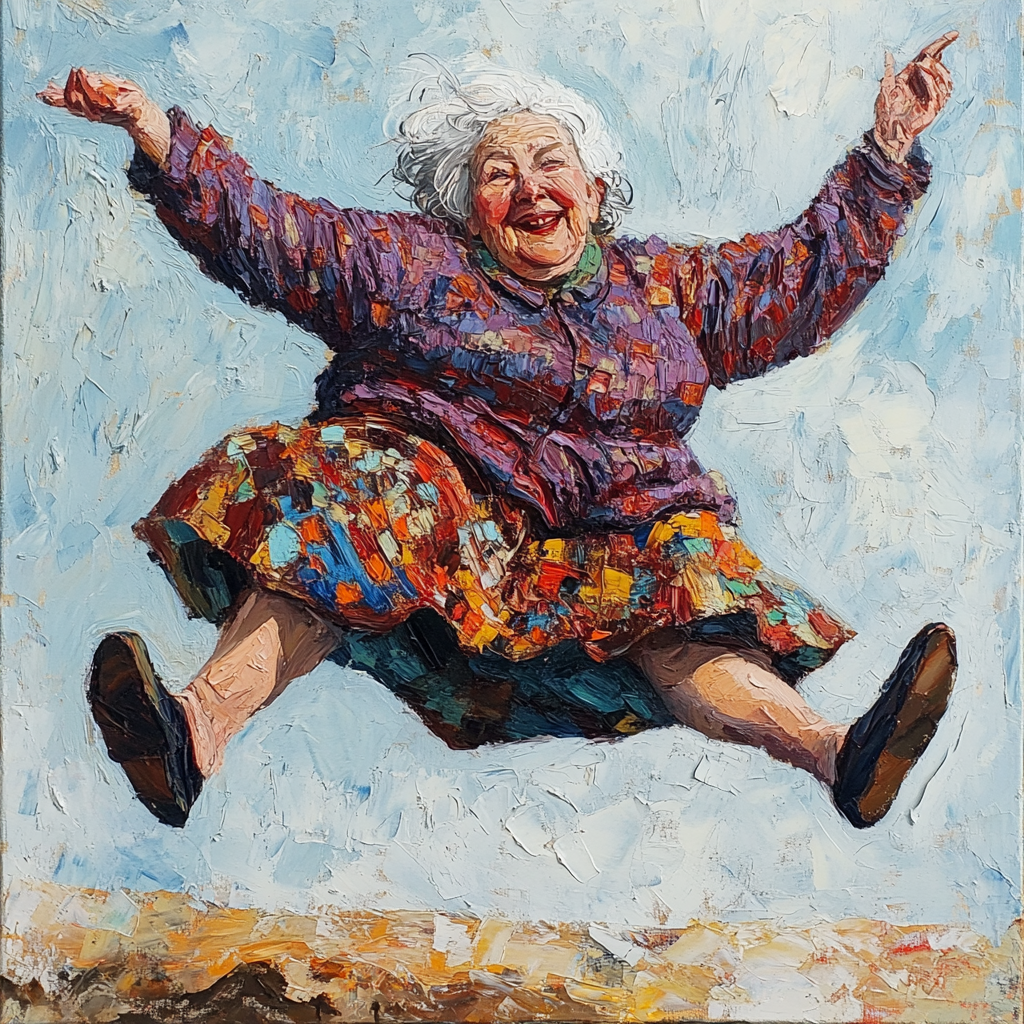 An Old Lady Doing Cartwheel in Cartoon Style