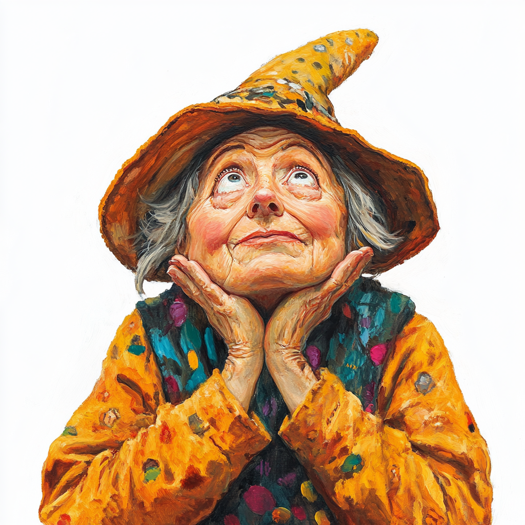 An Old Lady in Whimsical Attire, Contemplating