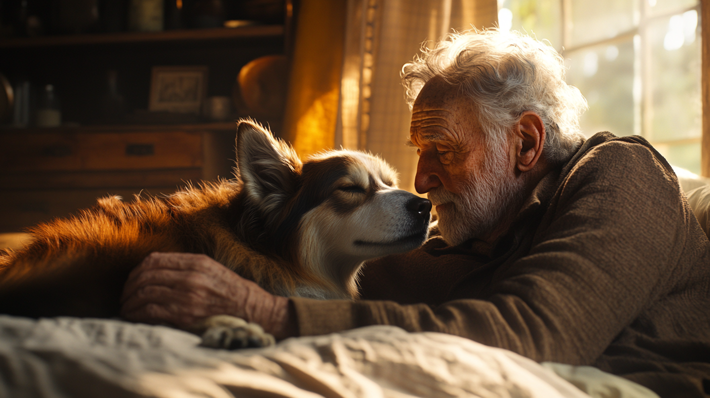 An Old Man Caring for His Dog