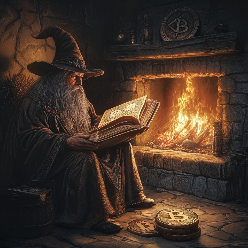 An Old Wizard Reading Bitcoin Book by Fireplace