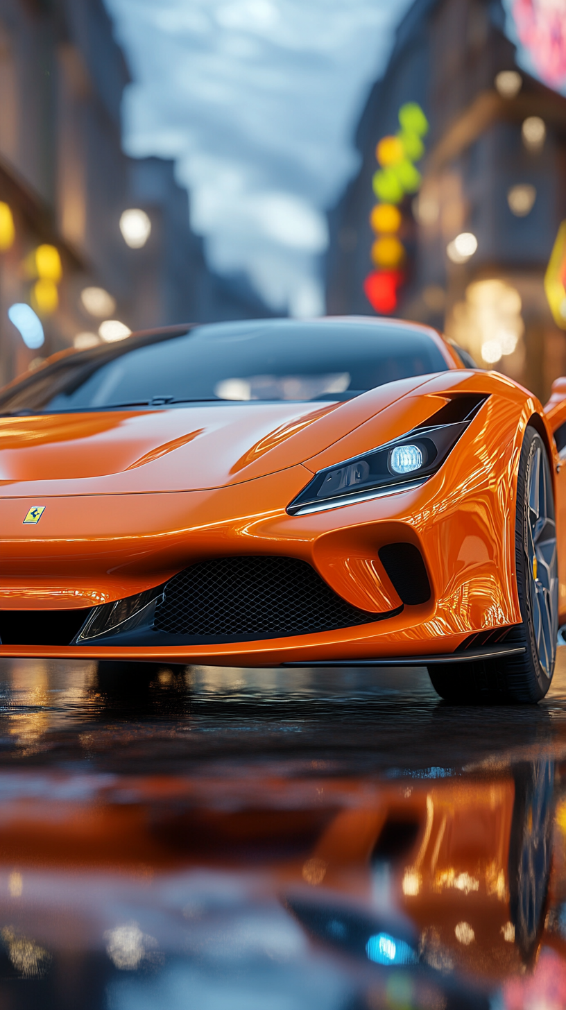 An Orange Ferrari F8 Tributo in City Twilight