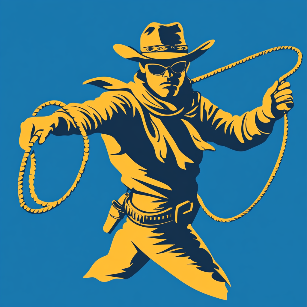 An Outlaw Cowboy Throws Lasso on Blue Background